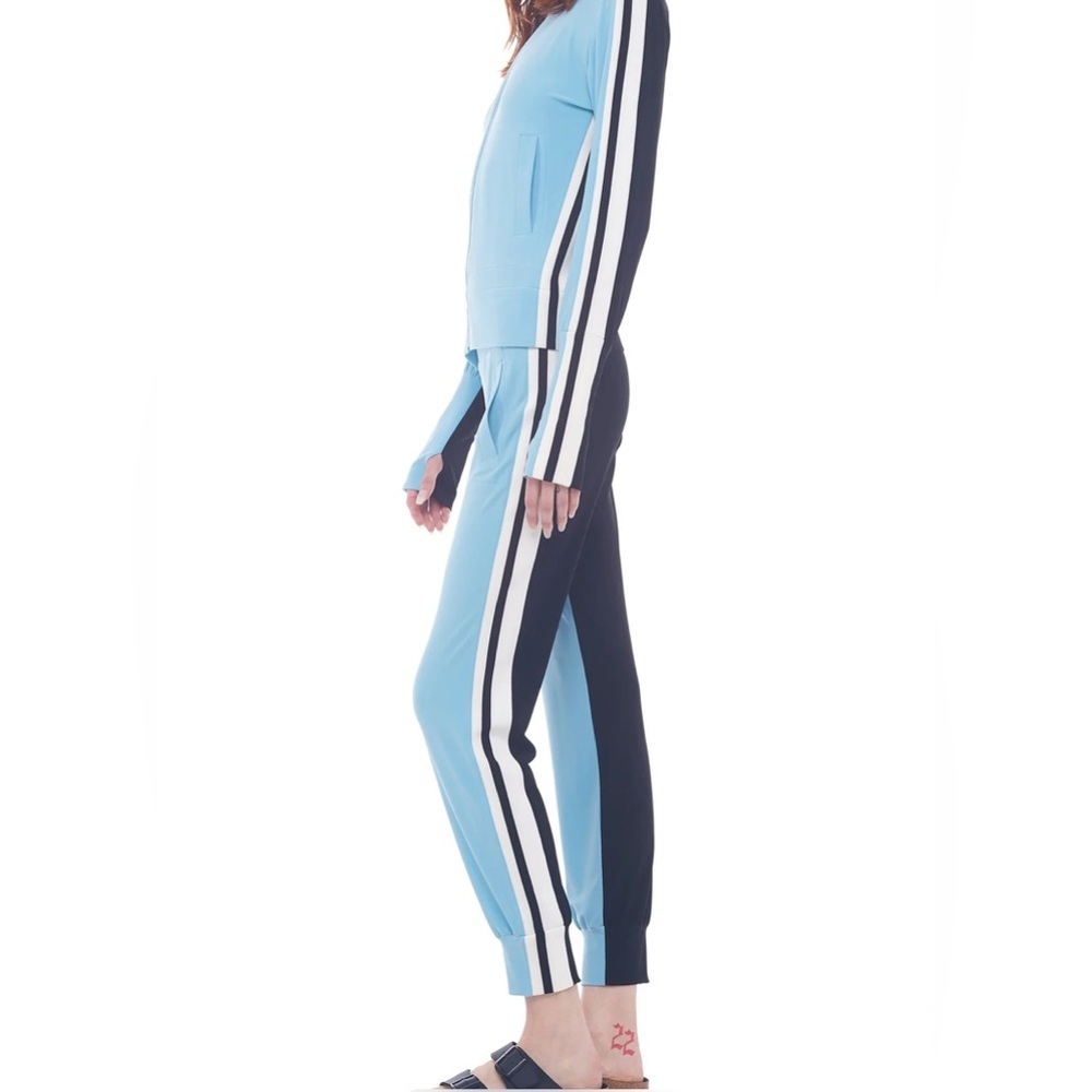 NORMA KAMALI COLLECTIBLE SIDE STRIPE JOGGER IN POWDER BLUE/OFFSET STRIPE/BLACK